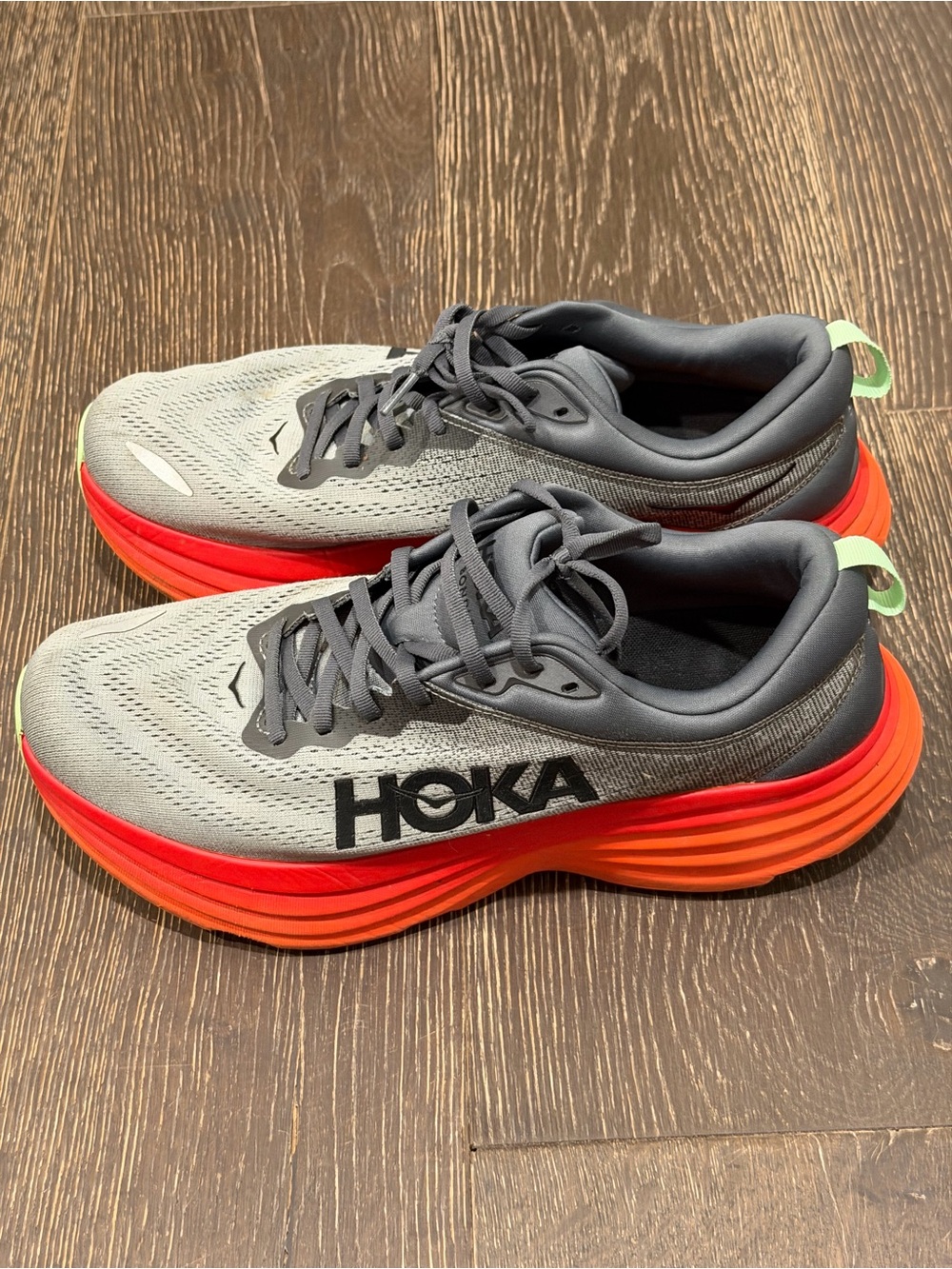 Hoka Bondi 8 Men's Gray Upper with Red-Orange Gradient Midsole Athletic Shoes